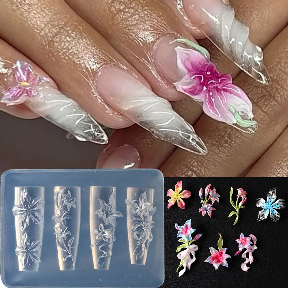 1pcs 3D Elegant Lily Nail Charms Mold Spring Summer Flower Nail Art Resin Silicone Mould Korean Stamping Plate For Beauty Tool