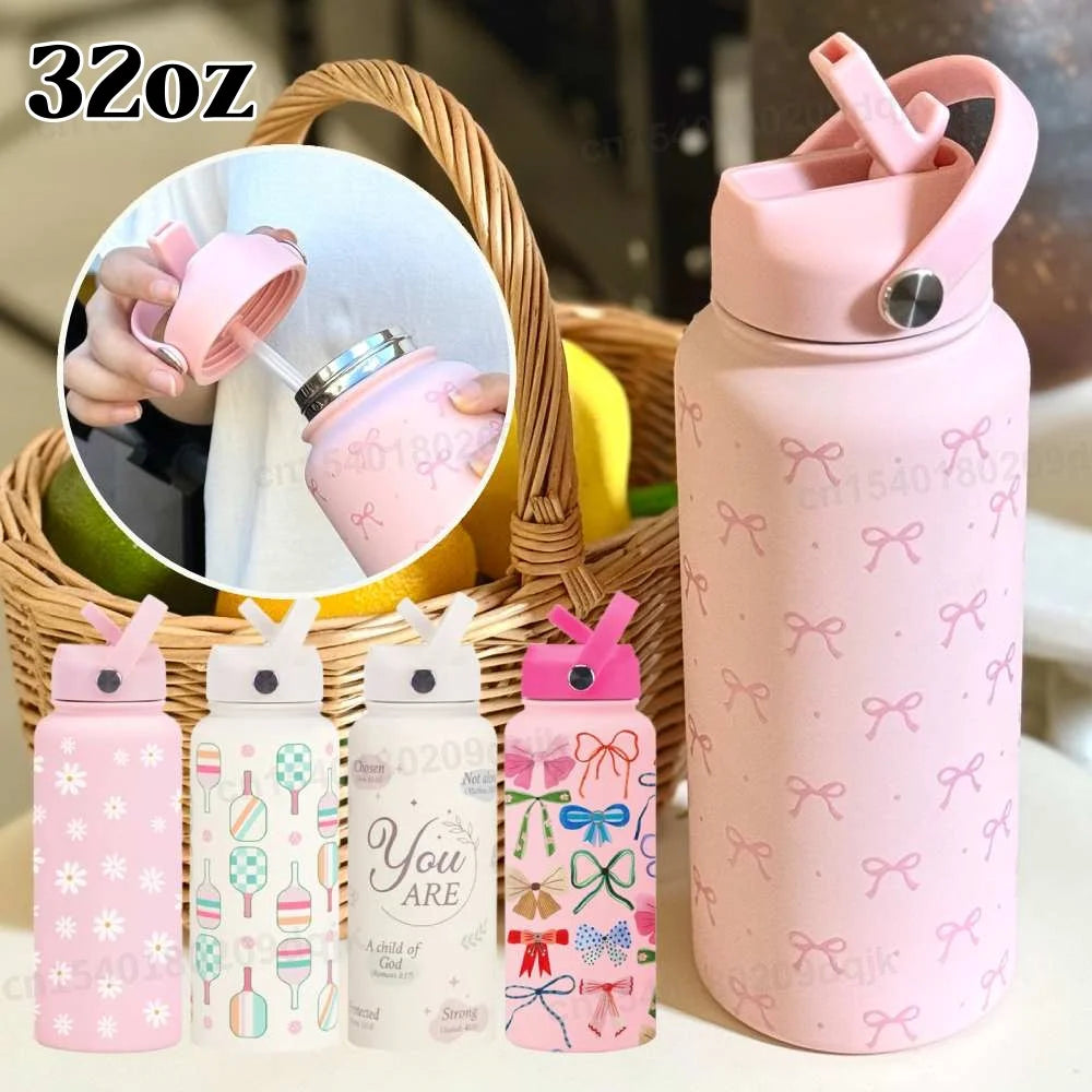 1L/32oz Stainless Steel Sports Insulated Water Bottle Portable Handle Insulated Cup with St Printed Wide Mouth Travel Mug