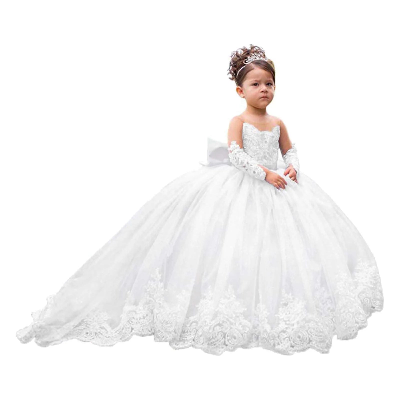 Elegant White Lace Wedding Party Dresses for Girls Full Sleeves Princess Flower Girl Dress With Bow Custom Kids Birthday Gowns