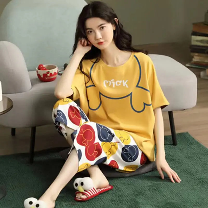 Korean Version Pajamas Women Summer Imitation Cotton Short Sleeve Capri Pants Home Wear Summer Casual Daily Cute Plus-size Suit