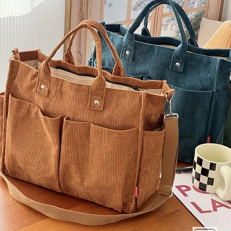 Corduroy Crossbody Tote Bag Stylish Commuter Shoulder Bag with Multiple Spacious Pockets Handbag for Women