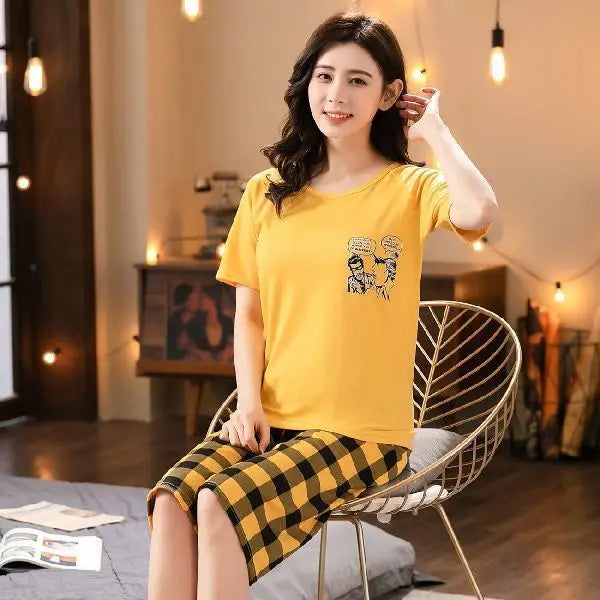 Korean Version Pajamas Women Summer Imitation Cotton Short Sleeve Capri Pants Home Wear Summer Casual Daily Cute Plus-size Suit