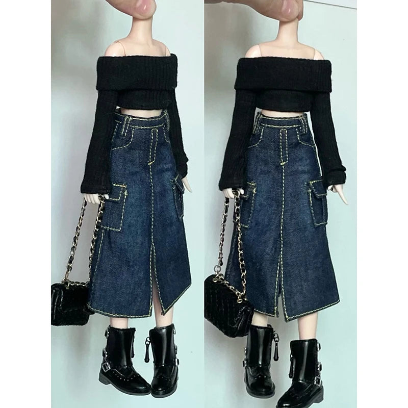 New Handmade Blythe Doll Clothes Off Shoulder Sweater Knit Tops and Split Denim Long Skirt Mini Dress for Blyth OB24 1/6 Dolls