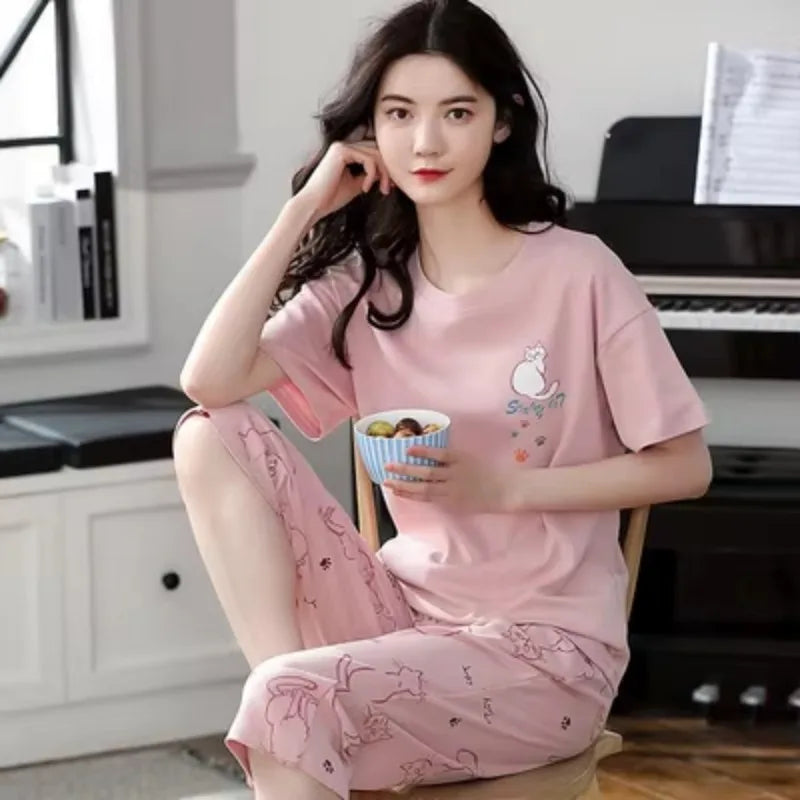 Korean Version Pajamas Women Summer Imitation Cotton Short Sleeve Capri Pants Home Wear Summer Casual Daily Cute Plus-size Suit