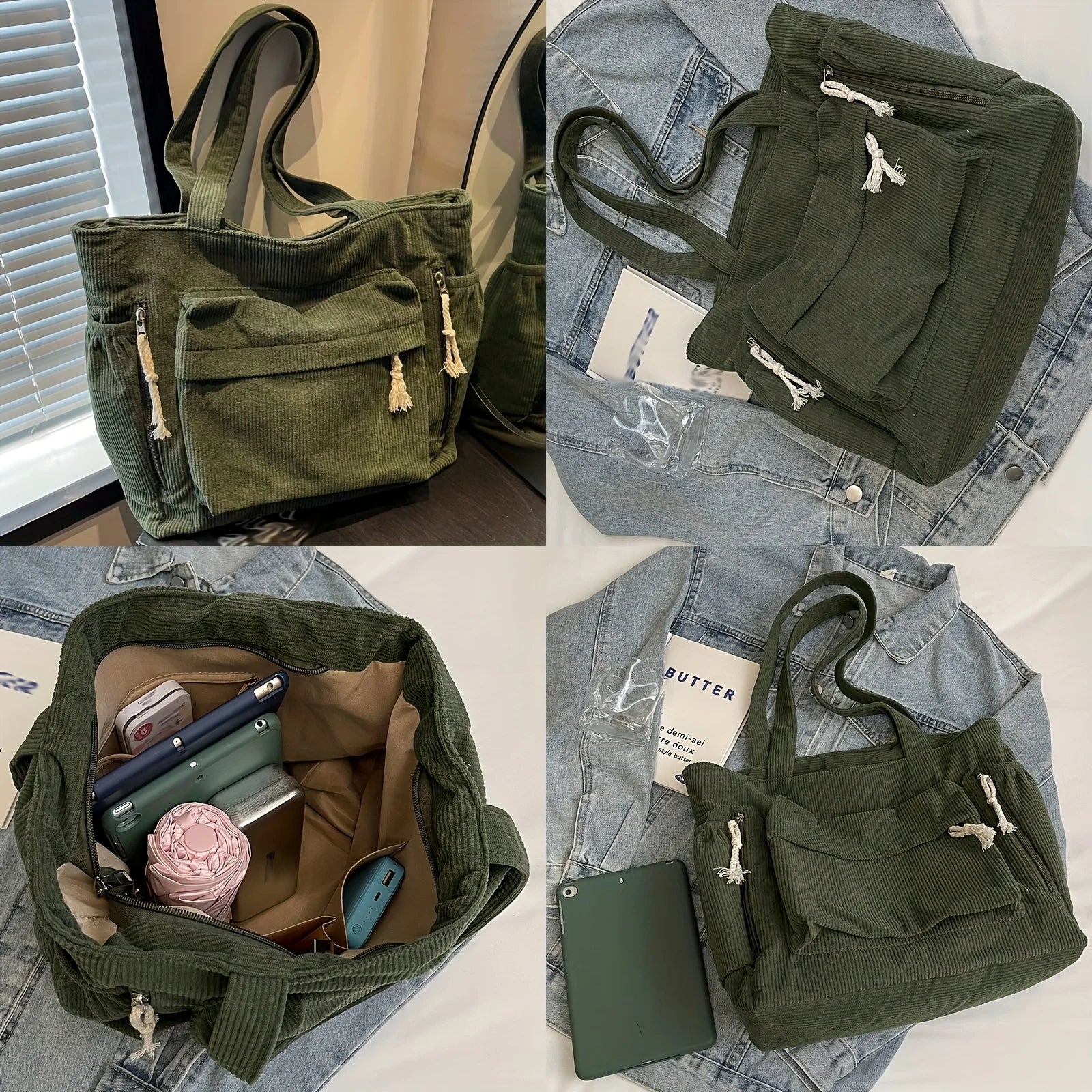 Travel Master Corduroy Shoulder Bag Casual Solid Color with Multiple Pocket Tote Bag For Women