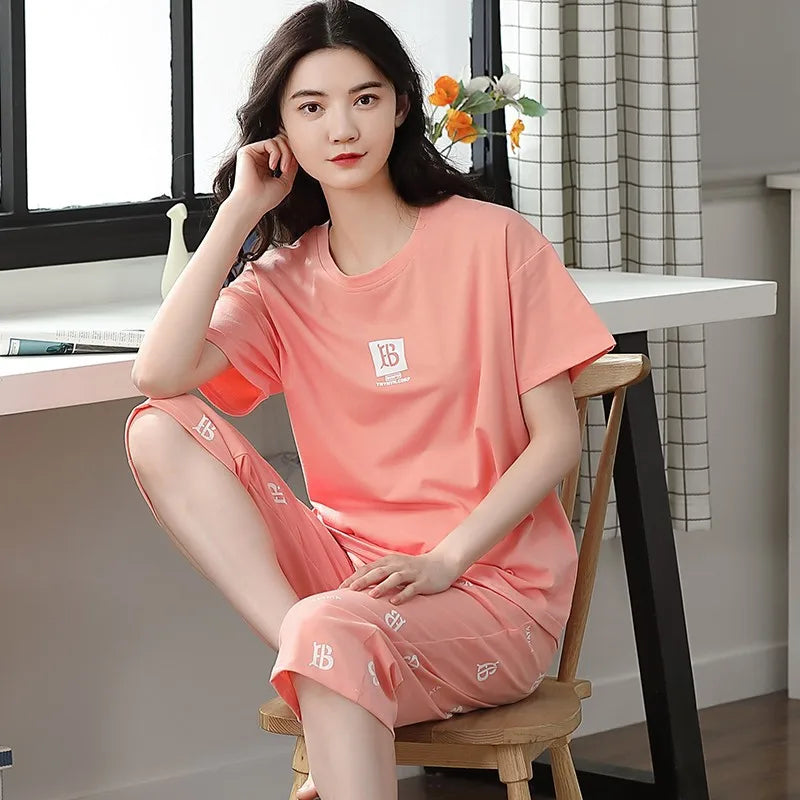 Korean Version Pajamas Women Summer Imitation Cotton Short Sleeve Capri Pants Home Wear Summer Casual Daily Cute Plus-size Suit