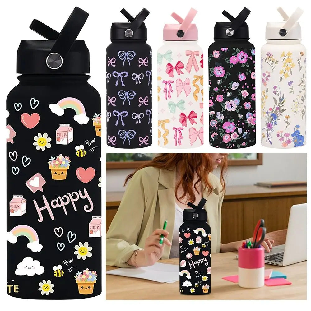 1L Capacity 1000ML Tumbler Printed Design With Straw Vacuum Bottle Large Capacity 304 Stainless Steel Stainless Steel Tumbler