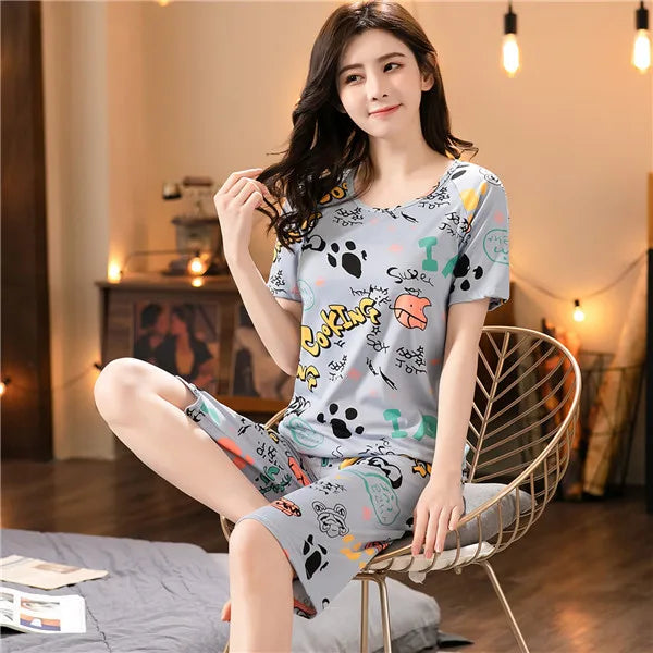 Korean Version Pajamas Women Summer Imitation Cotton Short Sleeve Capri Pants Home Wear Summer Casual Daily Cute Plus-size Suit