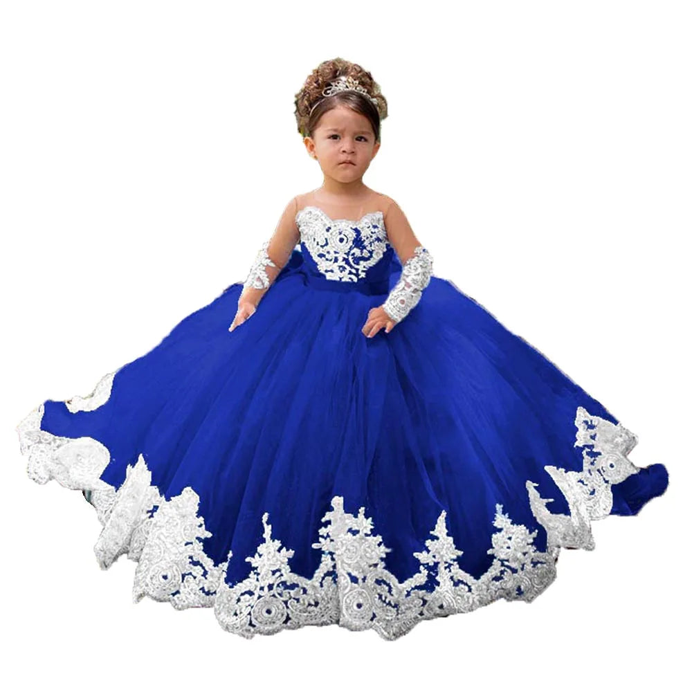 Elegant White Lace Wedding Party Dresses for Girls Full Sleeves Princess Flower Girl Dress With Bow Custom Kids Birthday Gowns