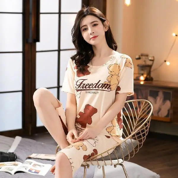 Korean Version Pajamas Women Summer Imitation Cotton Short Sleeve Capri Pants Home Wear Summer Casual Daily Cute Plus-size Suit