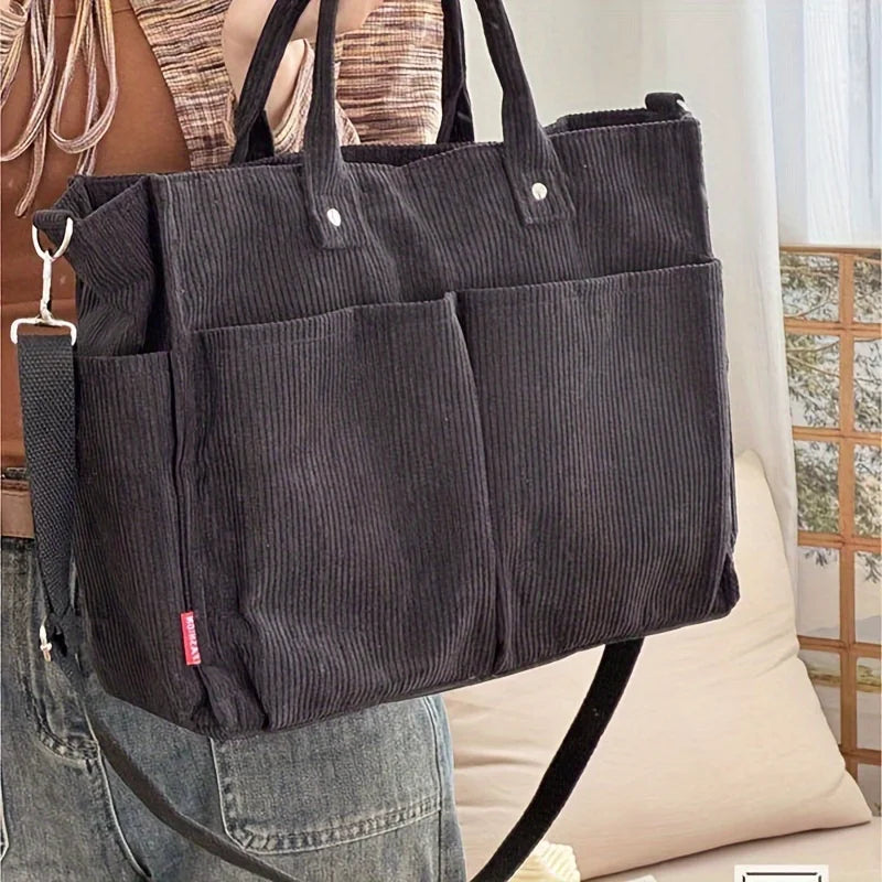 Corduroy Crossbody Tote Bag Stylish Commuter Shoulder Bag with Multiple Spacious Pockets Handbag for Women