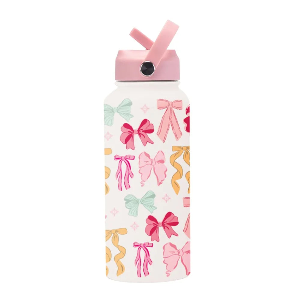 1L Capacity 1000ML Tumbler Printed Design With Straw Vacuum Bottle Large Capacity 304 Stainless Steel Stainless Steel Tumbler