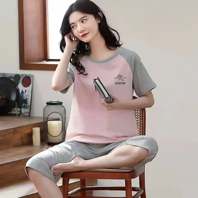 Korean Version Pajamas Women Summer Imitation Cotton Short Sleeve Capri Pants Home Wear Summer Casual Daily Cute Plus-size Suit