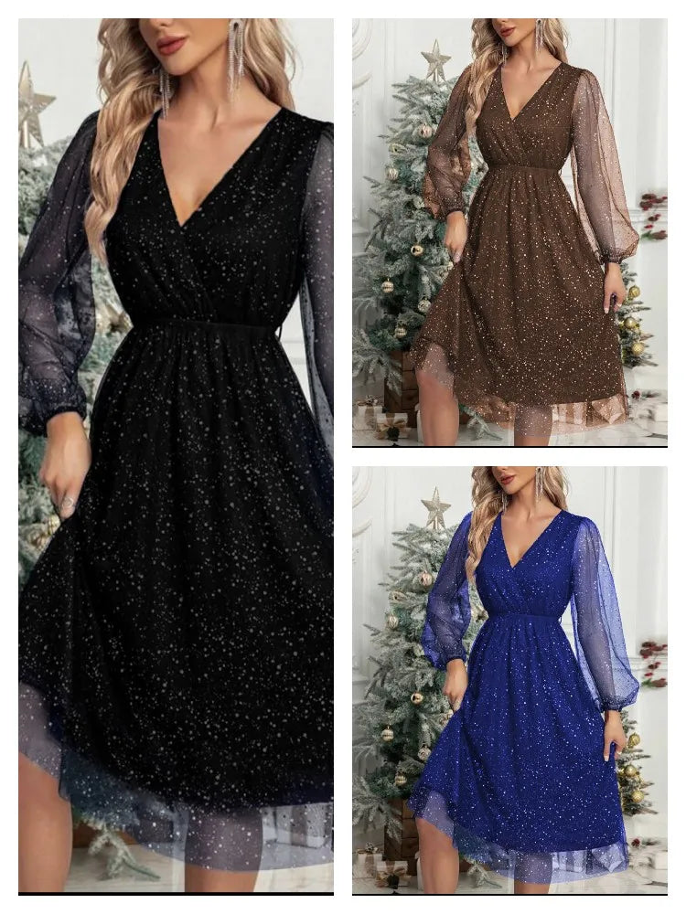 New V-neck elegant slim fit solid color patchwork mesh perspective powder spray dress for women