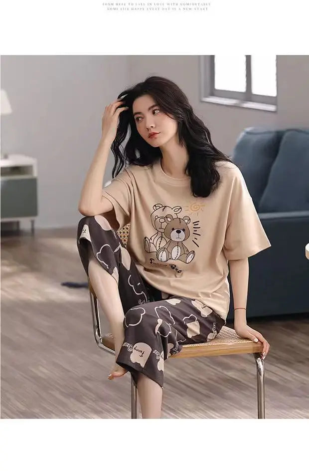 Summer New Ladies Pajamas Homewear Set of Short-Sleeved Pajamas Women's Summer Simple Korean Cartoon Loose Large Size Homewear