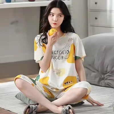 Korean Version Pajamas Women Summer Imitation Cotton Short Sleeve Capri Pants Home Wear Summer Casual Daily Cute Plus-size Suit