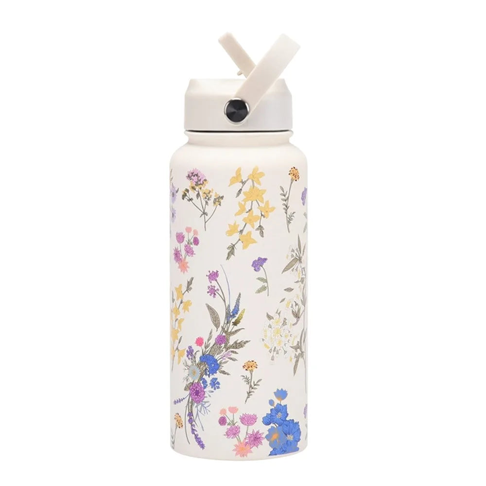 1L Capacity 1000ML Tumbler Printed Design With Straw Vacuum Bottle Large Capacity 304 Stainless Steel Stainless Steel Tumbler