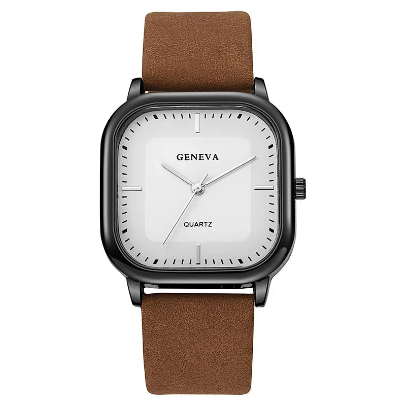 Fashion Quartz Watch Square Dial Leather Men Business Wristwatch Black White Minimalist Luxury Brand Watches Relogios Masculino