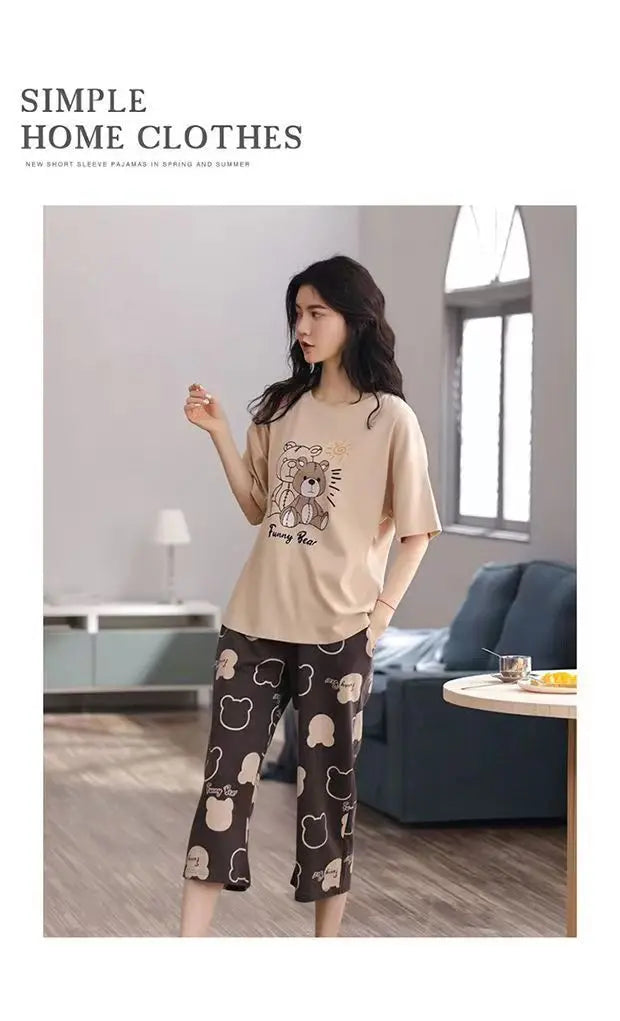 Summer New Ladies Pajamas Homewear Set of Short-Sleeved Pajamas Women's Summer Simple Korean Cartoon Loose Large Size Homewear