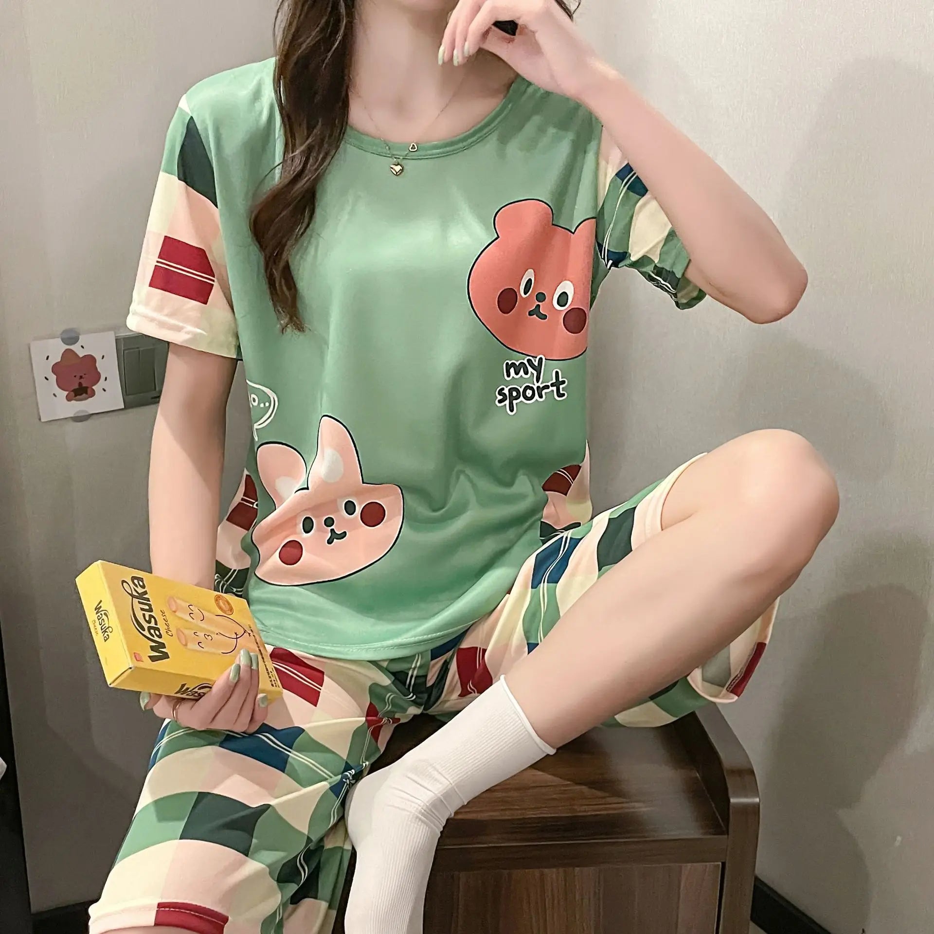 Korean Version Pajamas Women Summer Imitation Cotton Short Sleeve Capri Pants Home Wear Summer Casual Daily Cute Plus-size Suit