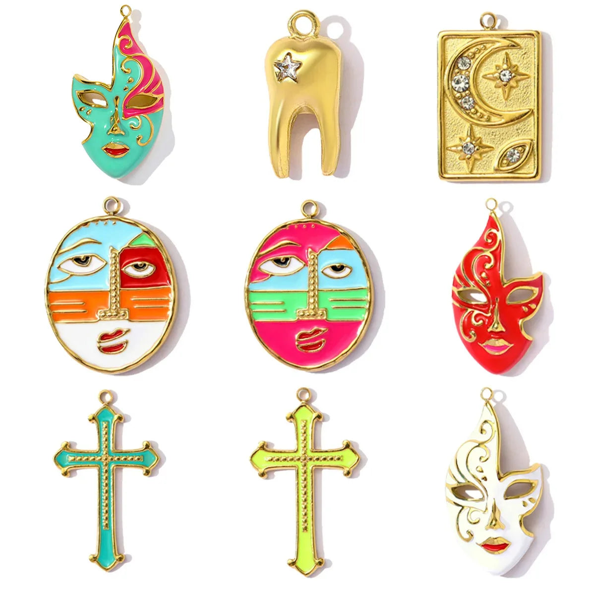 3pcs/Lot Cross Human Face Mask Stainless Steel Horseshoe teeth Pendants for Women DIY Jewelry Necklace Making Charms
