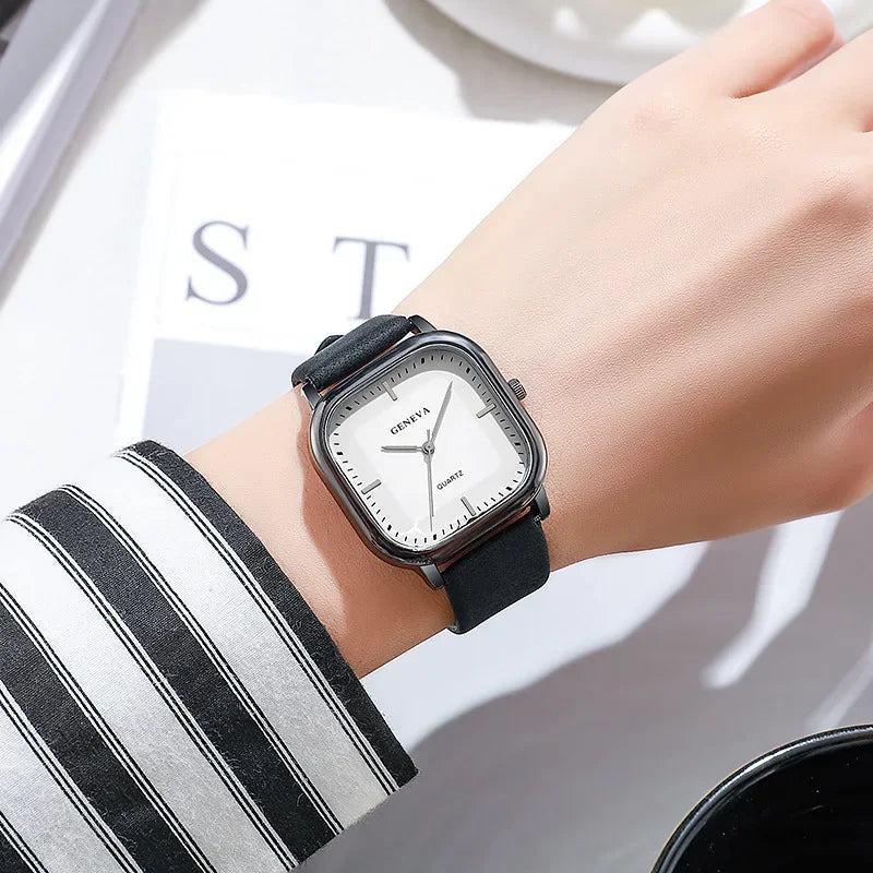 Fashion Quartz Watch Square Dial Leather Men Business Wristwatch Black White Minimalist Luxury Brand Watches Relogios Masculino
