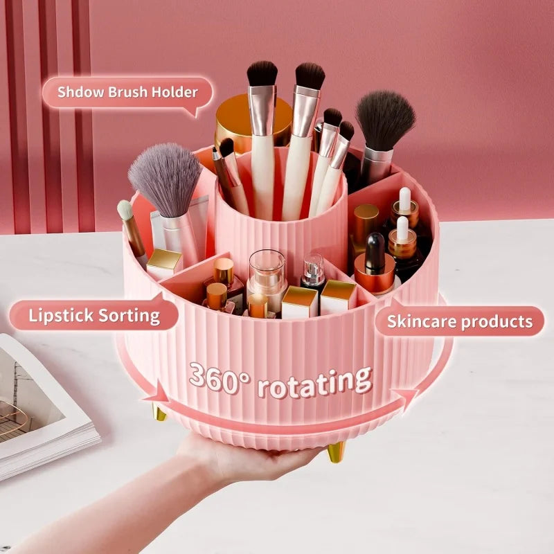 360° Rotating Makeup Organizer Multi-Functional Cosmetic Storage Brush Holder Jewelry Case with 5 Compartments for Vanity Desk