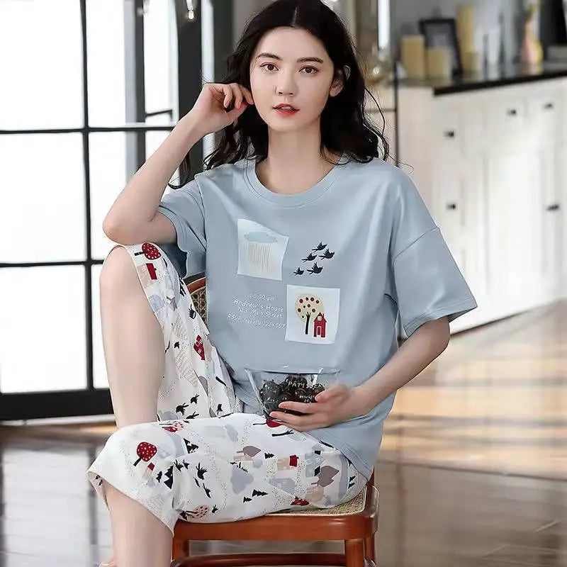 Korean Version Pajamas Women Summer Imitation Cotton Short Sleeve Capri Pants Home Wear Summer Casual Daily Cute Plus-size Suit