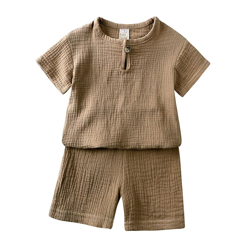 Summer Kids Pajamas Outfit Set Linen Cotton Infant Baby Boys Girls Homewear Suit Newborn T-Shirt+Shorts Children's Clothing