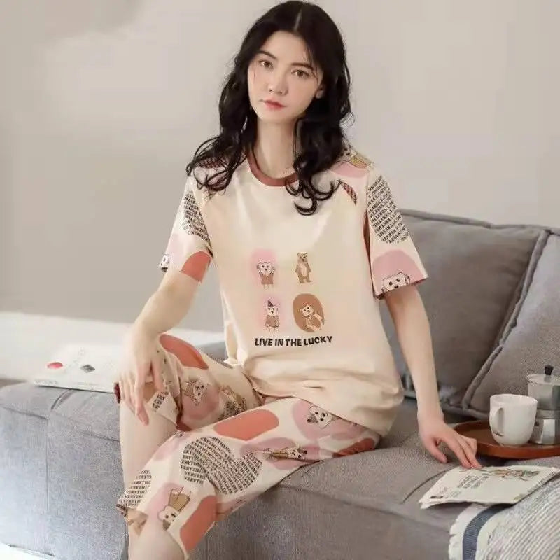 Korean Version Pajamas Women Summer Imitation Cotton Short Sleeve Capri Pants Home Wear Summer Casual Daily Cute Plus-size Suit