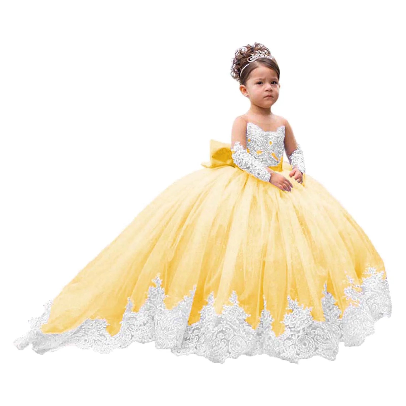 Elegant White Lace Wedding Party Dresses for Girls Full Sleeves Princess Flower Girl Dress With Bow Custom Kids Birthday Gowns