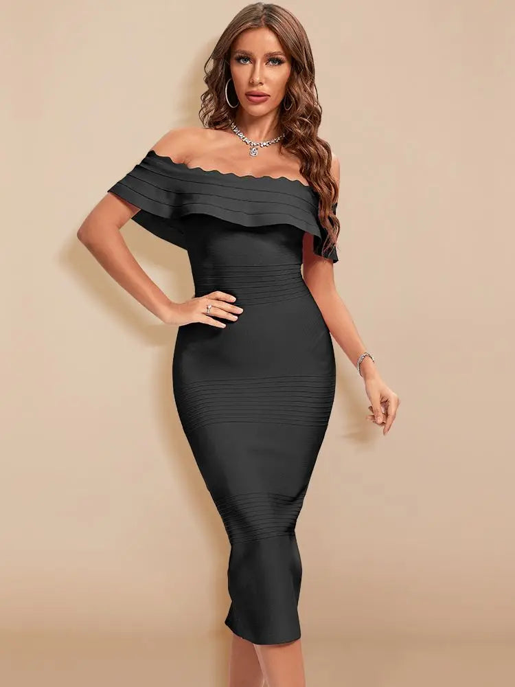 BEAUKEY Elegant Women Luxury Red Evening Wedding Bandage Dress Ruffles Split Bodycon Dress XL Celebrity Vestidos Party Maxi