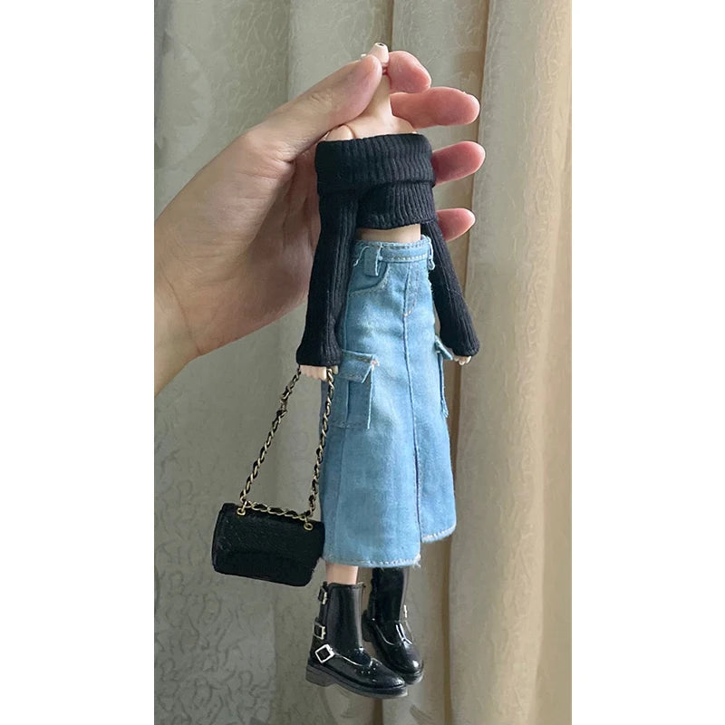 New Handmade Blythe Doll Clothes Off Shoulder Sweater Knit Tops and Split Denim Long Skirt Mini Dress for Blyth OB24 1/6 Dolls