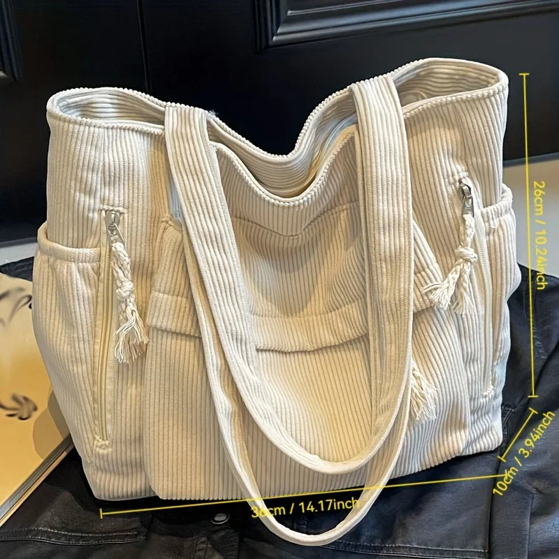 Travel Master Corduroy Shoulder Bag Casual Solid Color with Multiple Pocket Tote Bag For Women