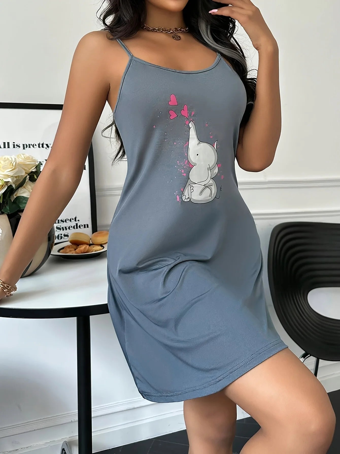 A new style of cute elephant-patterned halter dress, casual pajamas and home nightgown for ladies