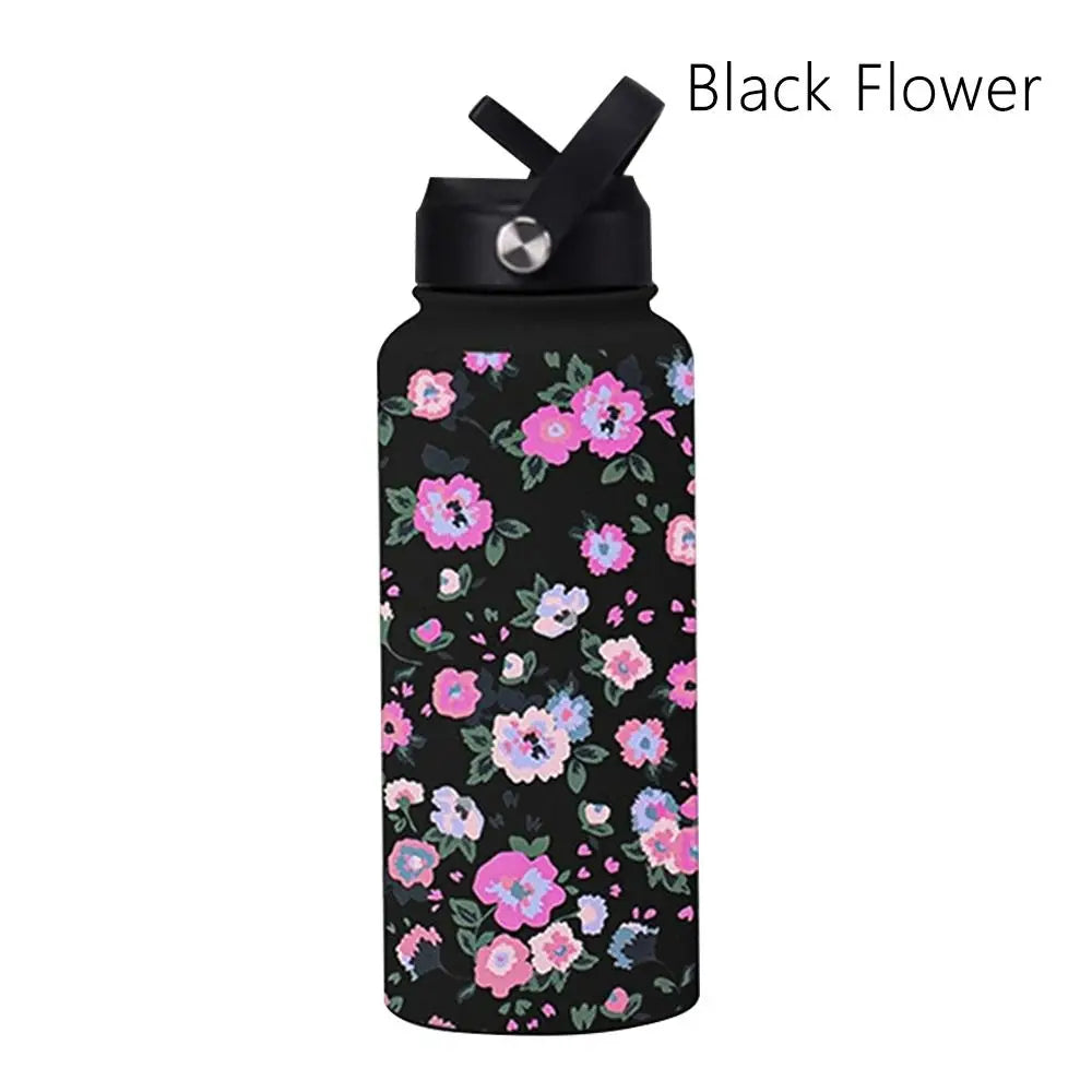 1L Capacity 1000ML Tumbler Printed Design With Straw Vacuum Bottle Large Capacity 304 Stainless Steel Stainless Steel Tumbler