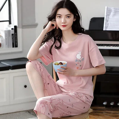 Korean Version Pajamas Women Summer Imitation Cotton Short Sleeve Capri Pants Home Wear Summer Casual Daily Cute Plus-size Suit