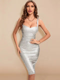 BEAUKEY Metallic Gold Silver Spaghetti Strap HL Bandage Dress Women Sexy Midi Cocktail Dress Bodycon Party Club Vestido XL