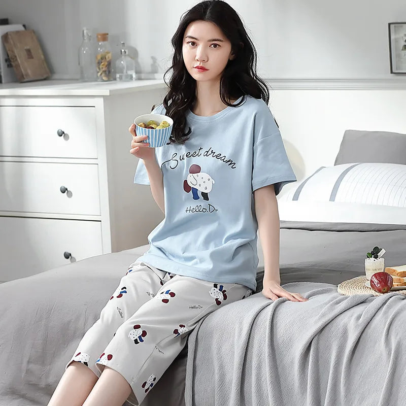 Korean Version Pajamas Women Summer Imitation Cotton Short Sleeve Capri Pants Home Wear Summer Casual Daily Cute Plus-size Suit