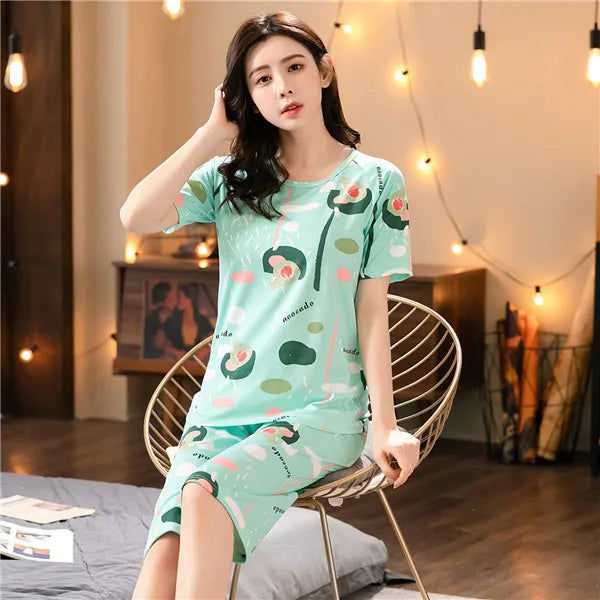 Korean Version Pajamas Women Summer Imitation Cotton Short Sleeve Capri Pants Home Wear Summer Casual Daily Cute Plus-size Suit