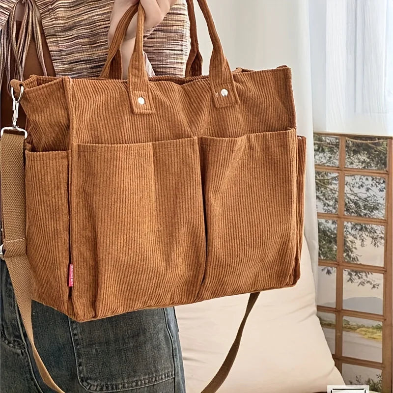 Corduroy Crossbody Tote Bag Stylish Commuter Shoulder Bag with Multiple Spacious Pockets Handbag for Women