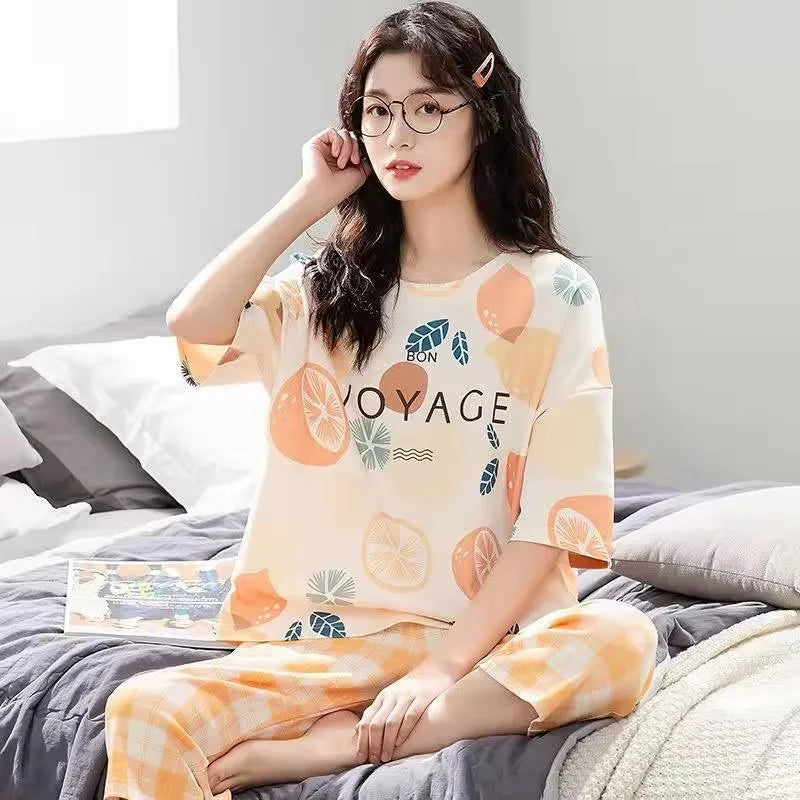 Korean Version Pajamas Women Summer Imitation Cotton Short Sleeve Capri Pants Home Wear Summer Casual Daily Cute Plus-size Suit