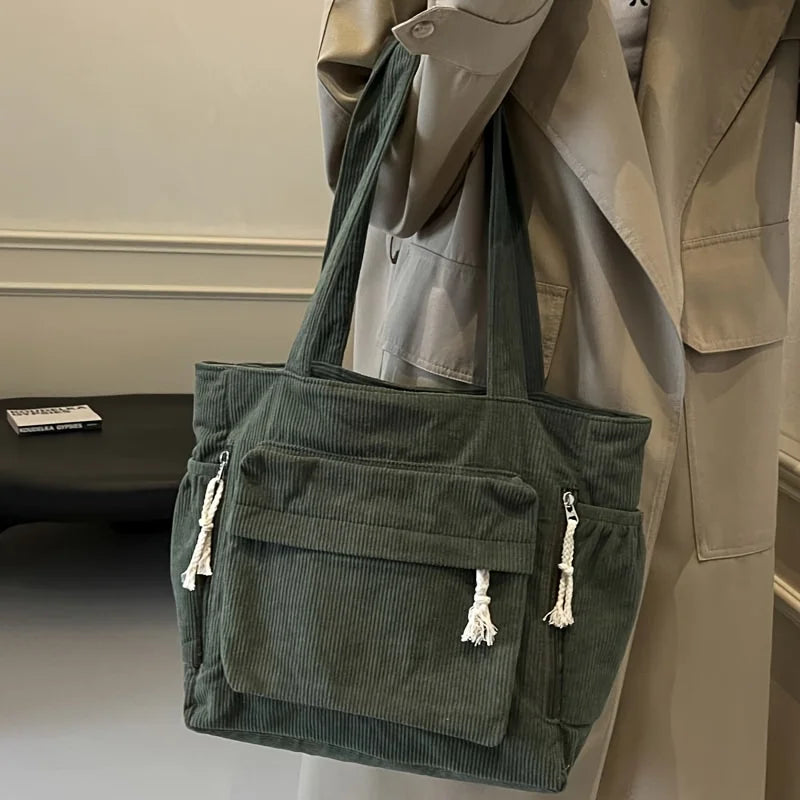 Travel Master Corduroy Shoulder Bag Casual Solid Color with Multiple Pocket Tote Bag For Women
