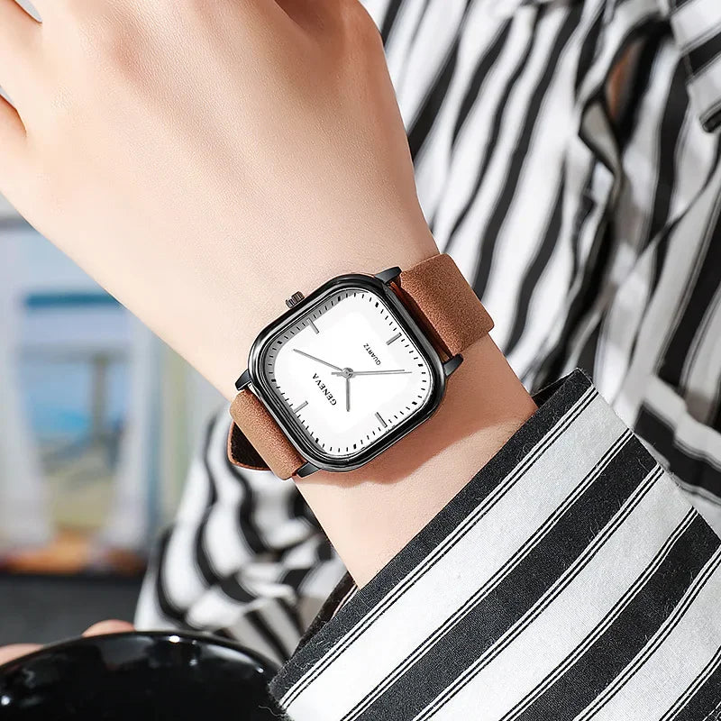 Fashion Quartz Watch Square Dial Leather Men Business Wristwatch Black White Minimalist Luxury Brand Watches Relogios Masculino
