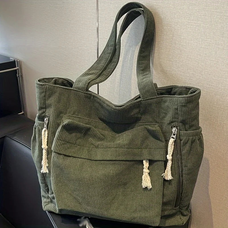 Travel Master Corduroy Shoulder Bag Casual Solid Color with Multiple Pocket Tote Bag For Women