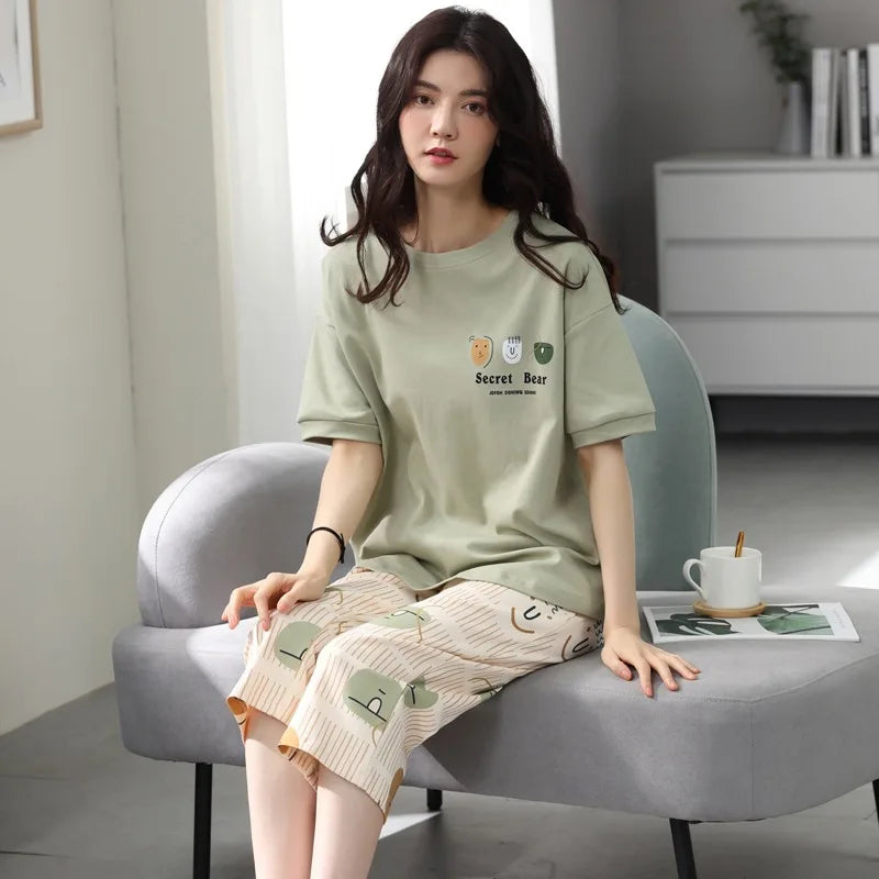 Korean Version Pajamas Women Summer Imitation Cotton Short Sleeve Capri Pants Home Wear Summer Casual Daily Cute Plus-size Suit
