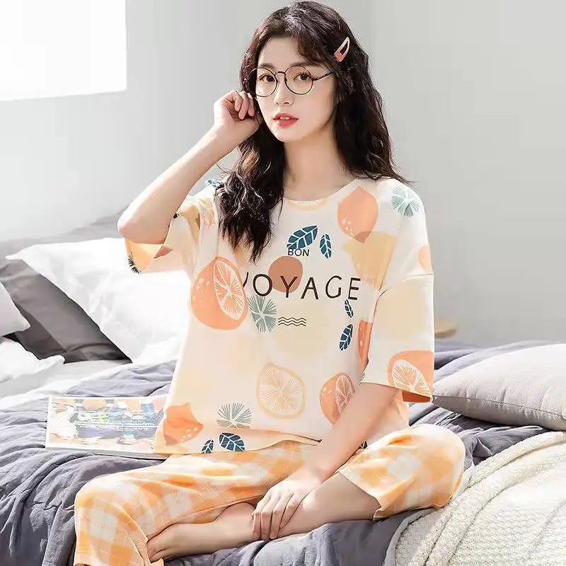 Korean Version Pajamas Women Summer Imitation Cotton Short Sleeve Capri Pants Home Wear Summer Casual Daily Cute Plus-size Suit