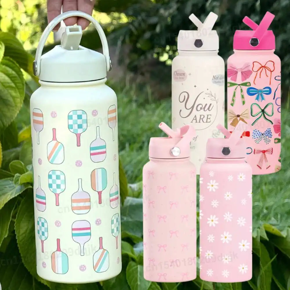 1L/32oz Stainless Steel Sports Insulated Water Bottle Portable Handle Insulated Cup with St Printed Wide Mouth Travel Mug