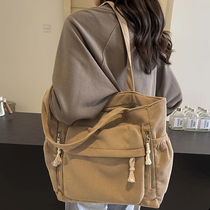 Travel Master Corduroy Shoulder Bag Casual Solid Color with Multiple Pocket Tote Bag For Women