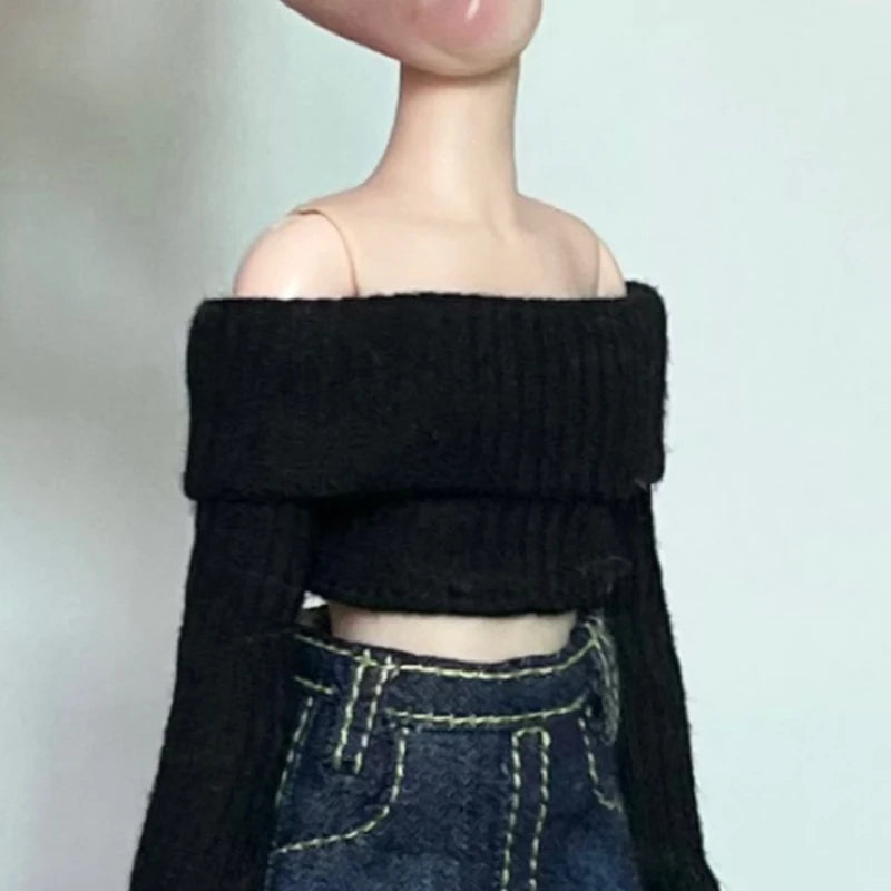 New Handmade Blythe Doll Clothes Off Shoulder Sweater Knit Tops and Split Denim Long Skirt Mini Dress for Blyth OB24 1/6 Dolls